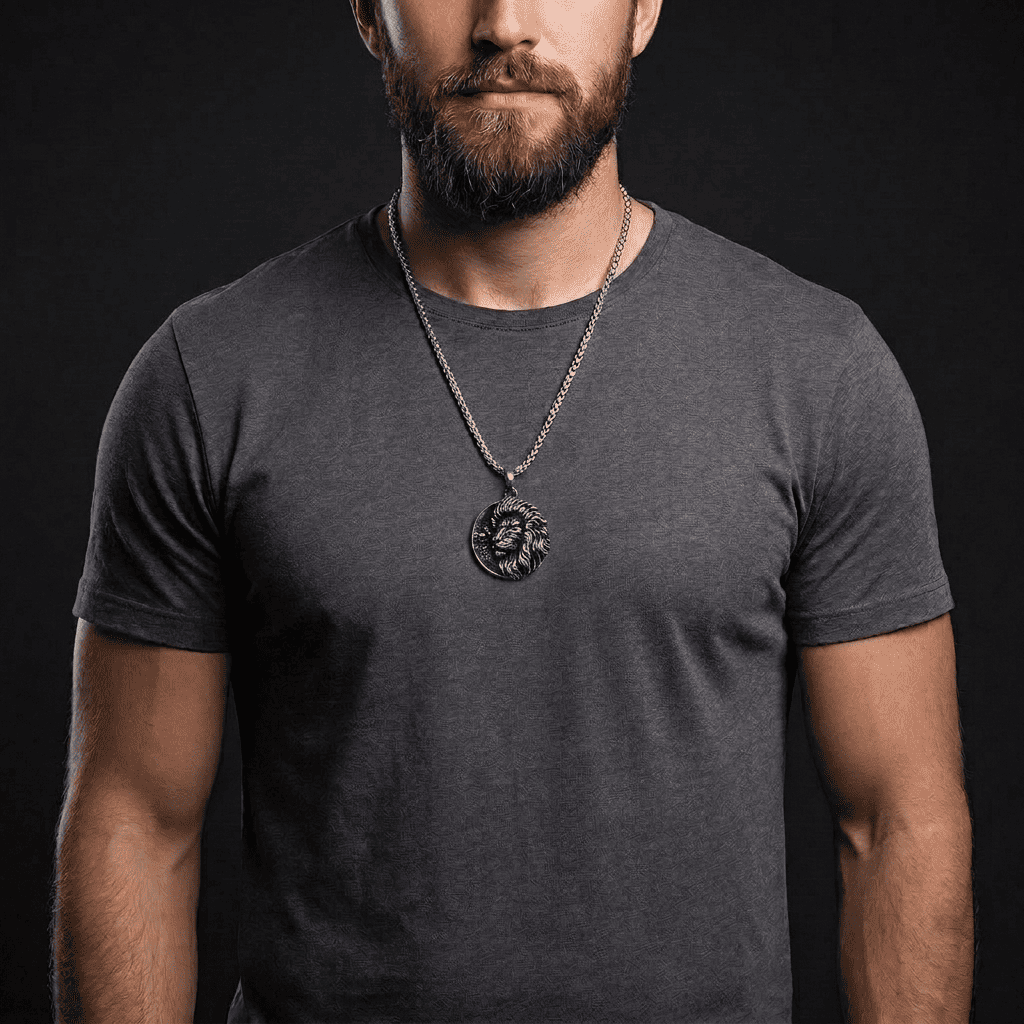 Collier Homme Pendentif Lion Médaillon Argent