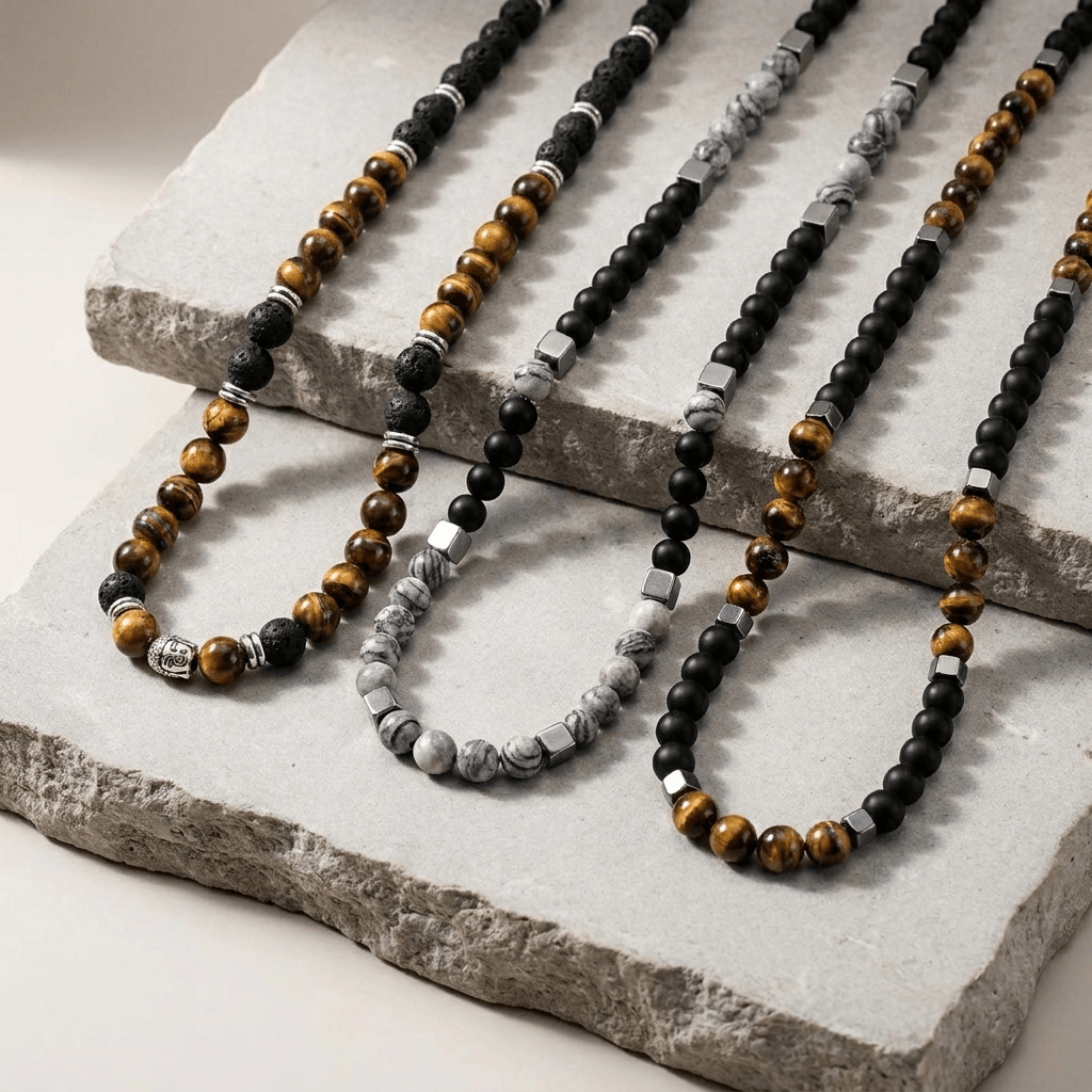collier oeil de tigre homme pierre naturelle de lave et acier inoxydable