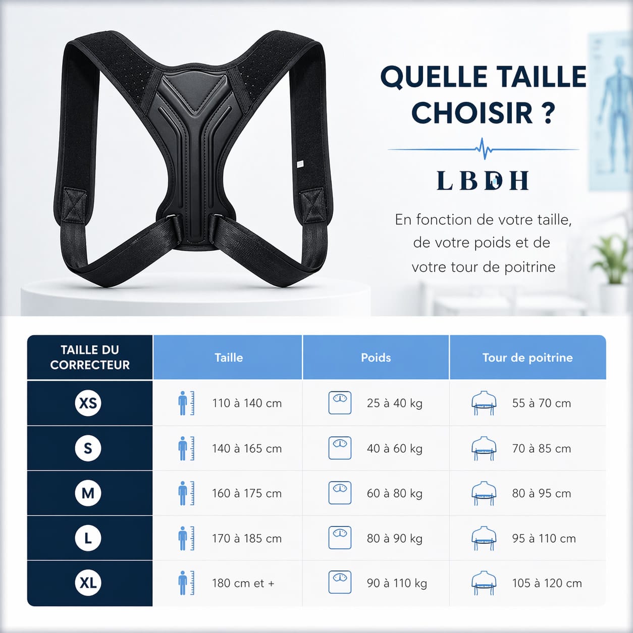 Guide des tailles correcteur de posture homme XS à XL selon taille poids et tour de poitrine