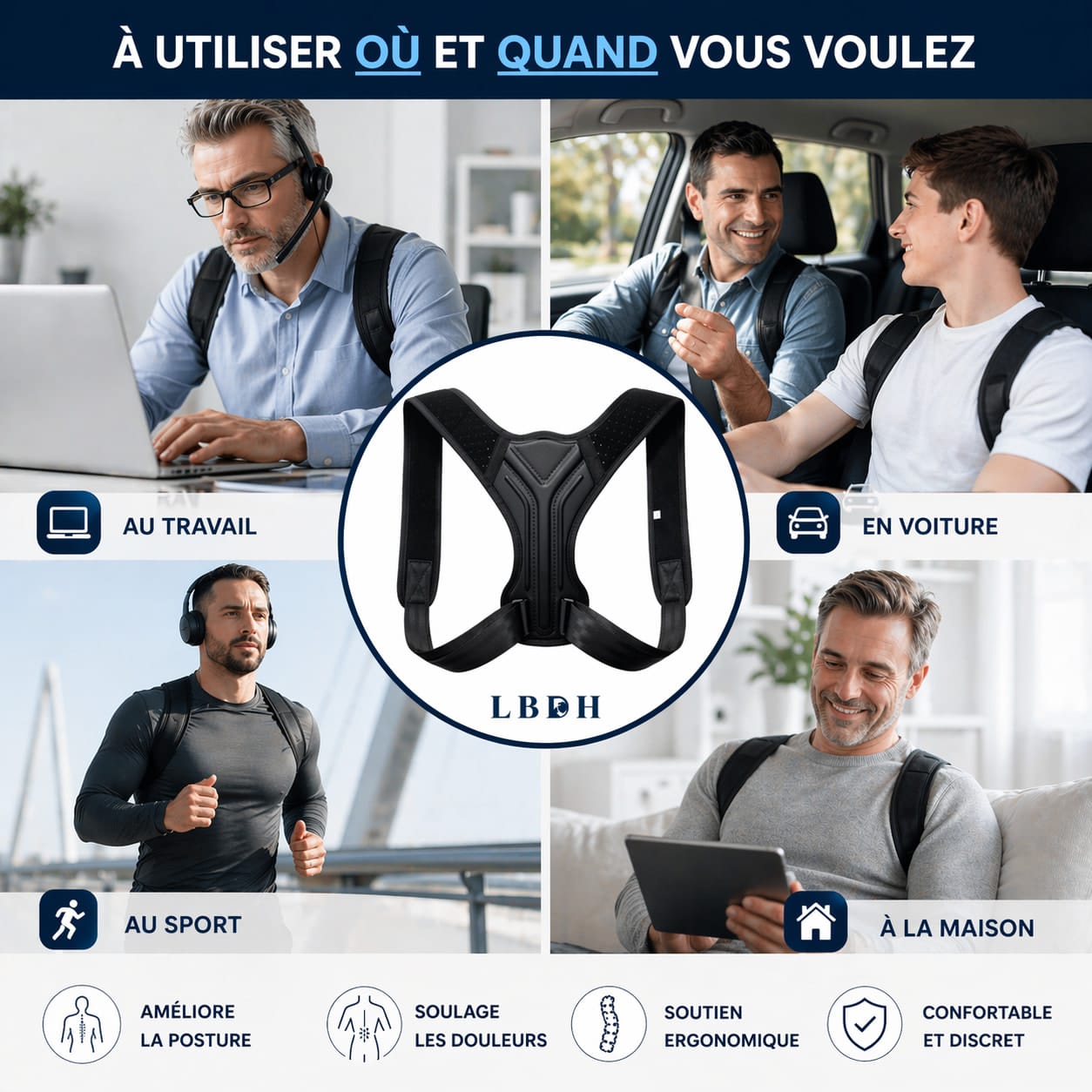 Correcteur de posture homme discret porté au bureau en voiture au sport et à la maison