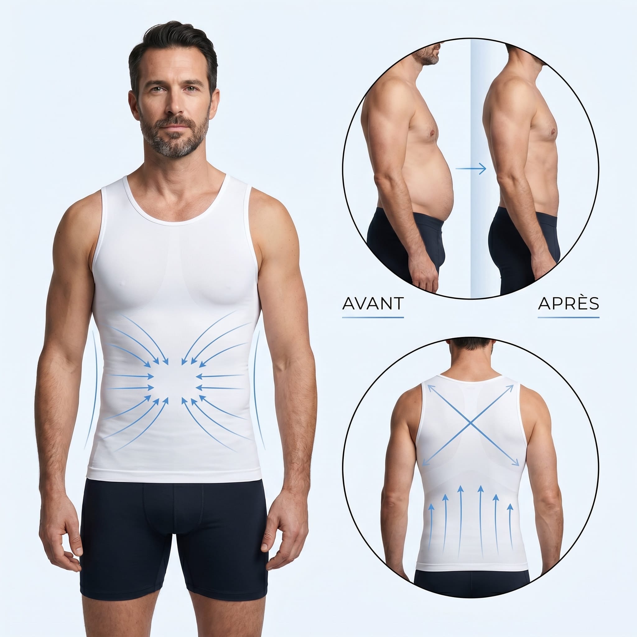 Débardeur amincissant homme blanc avant après avec compression ventre plat et soutien posture