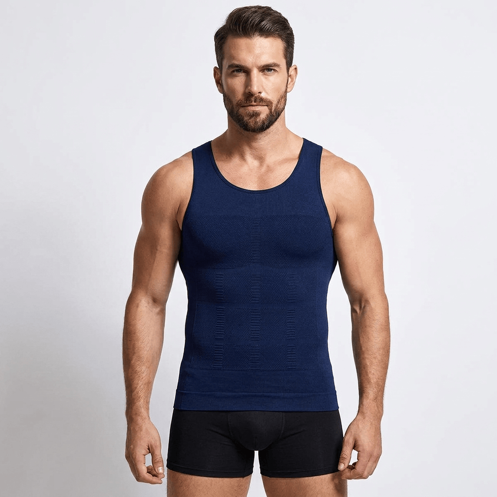 Tee-shirt amincissant homme bleu marine avec compression gainante affinant la silhouette