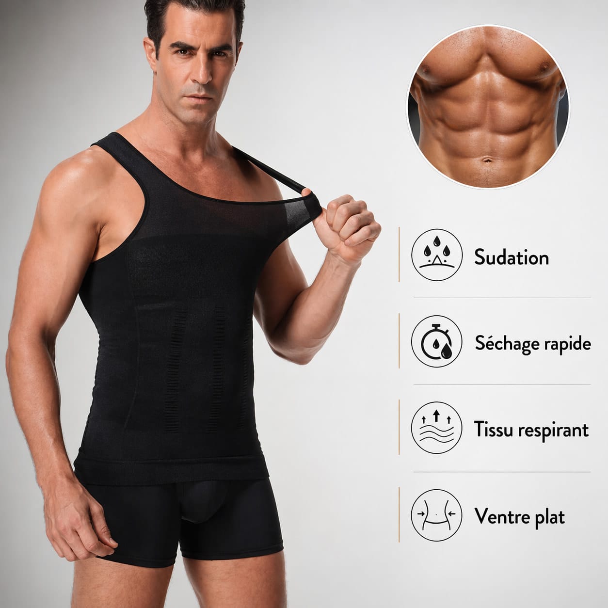 Débardeur amincissant homme noir avec sudation séchage rapide tissu respirant et effet ventre plat