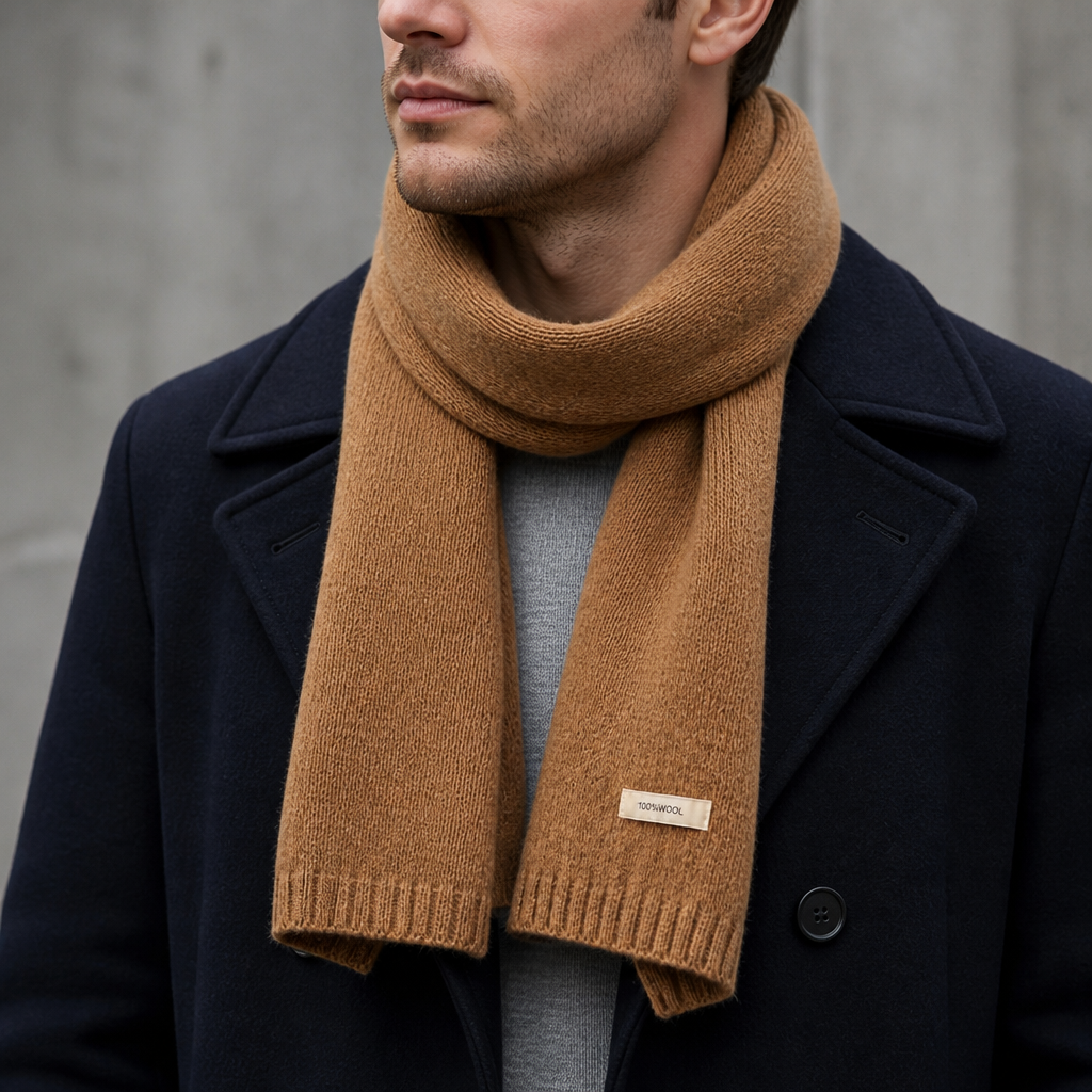 Écharpe chaude homme en maille de laine coloris camel, portée par un homme