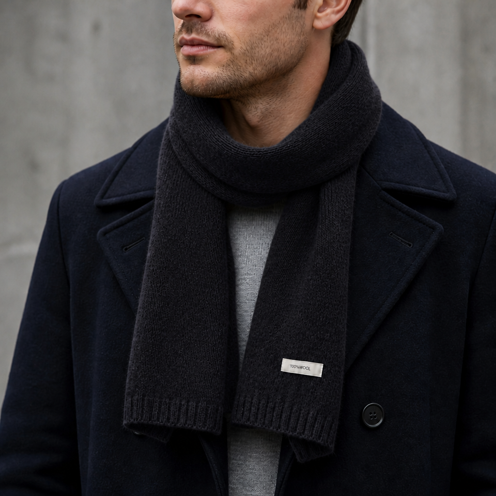 Écharpe chaude homme en maille de laine coloris noir, portée par un homme