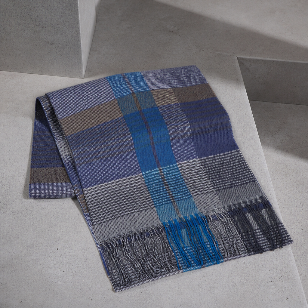 Écharpe Classe Homme à Carreaux Discrets, coloris bleu