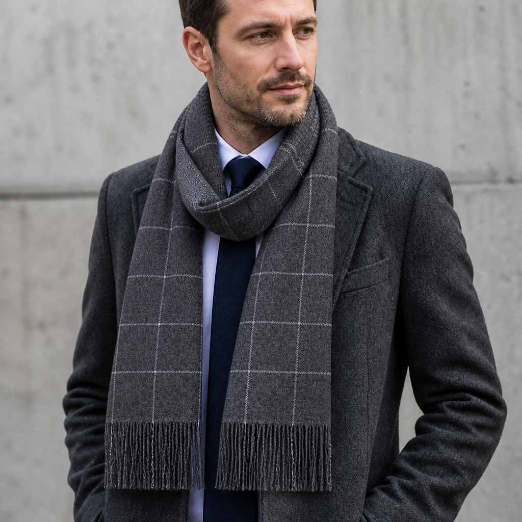 Écharpe Classe Homme à Carreaux Discrets coloris gris foncé, portée par un homme