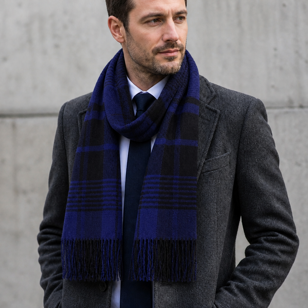 Écharpe Classe Homme à Carreaux Discrets coloris marine, portée par un homme
