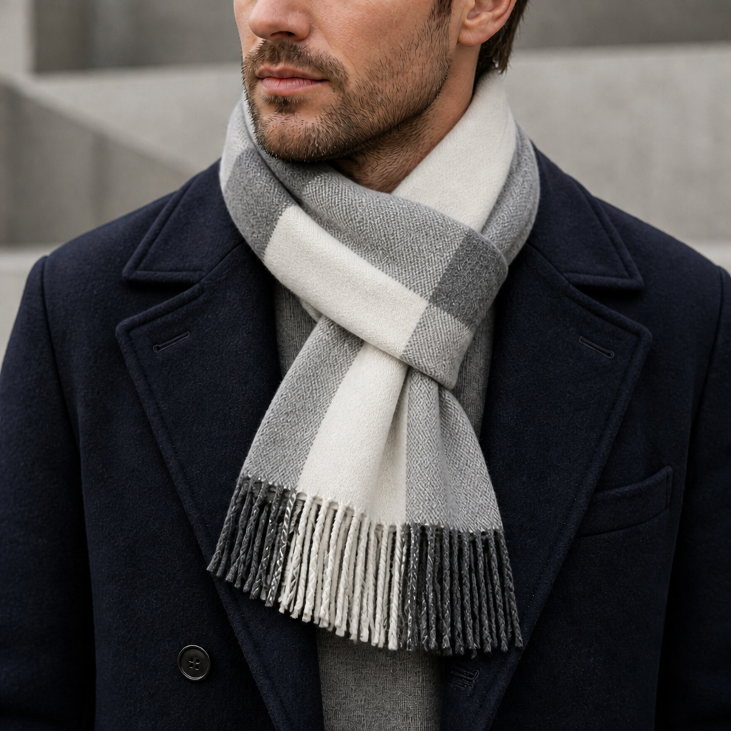 Écharpe Coton et Laine Homme coloris gris, portée par un homme