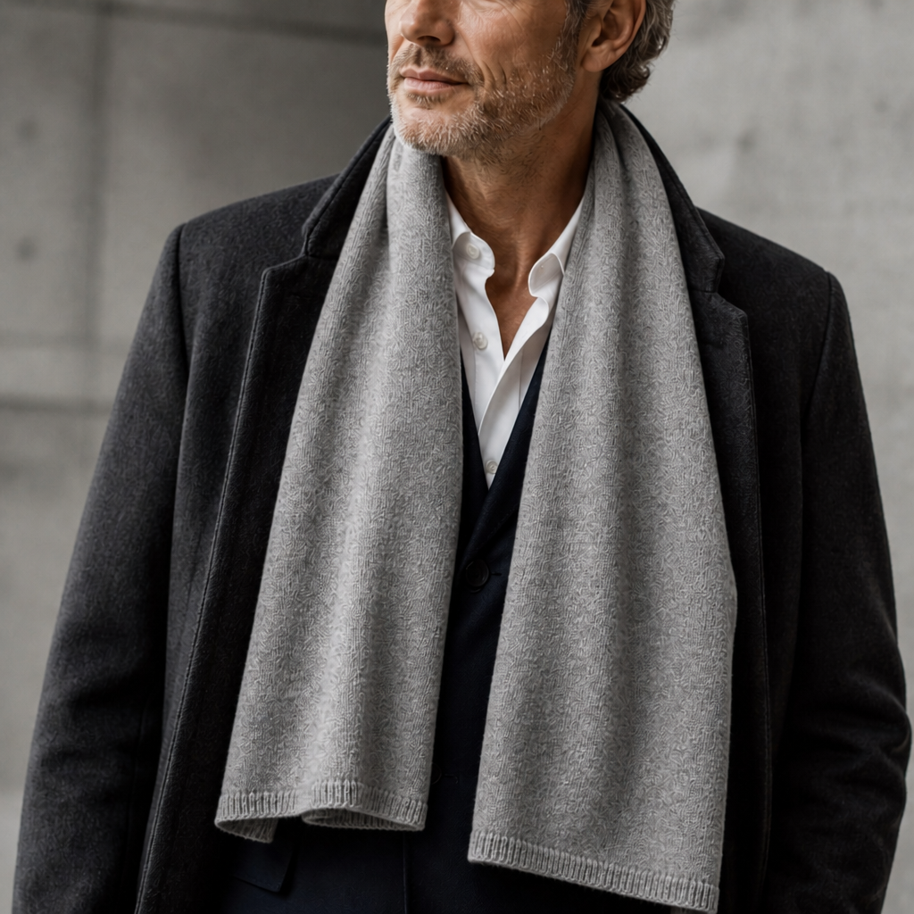 Écharpe en cachemire homme grande largeur coloris gris foncé, portée par un homme
