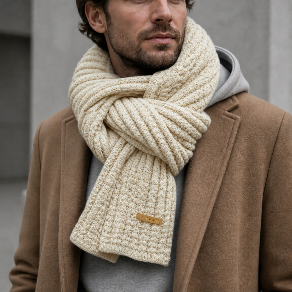 Écharpe épaisse homme en grosse maille côtelée coloris beige, portée par un homme