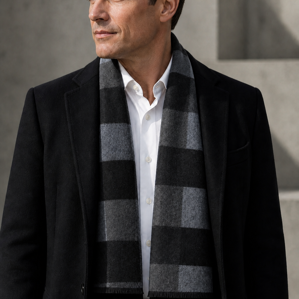 Écharpe hiver homme en jacquard brossé coloris gris, portée par un homme