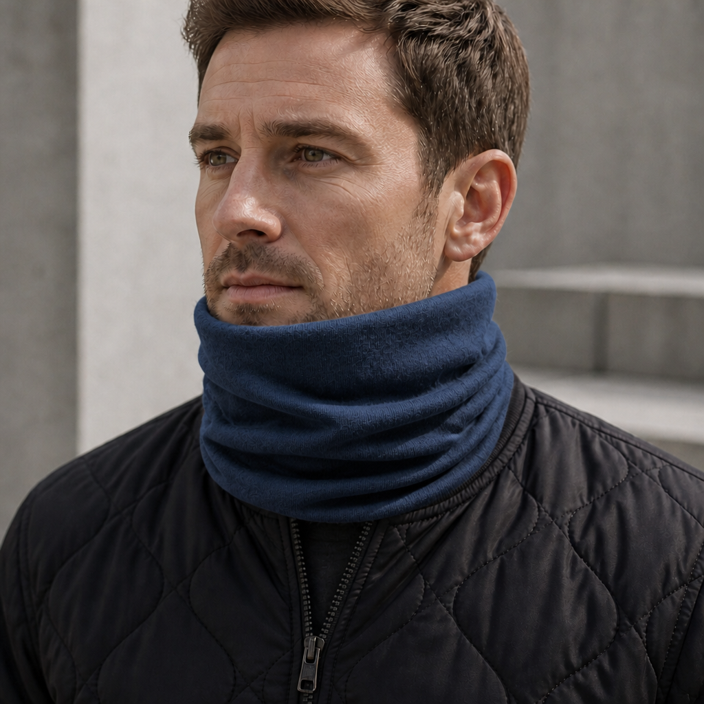 Écharpe Tube Homme en Coton coloris bleu, portée par un homme
