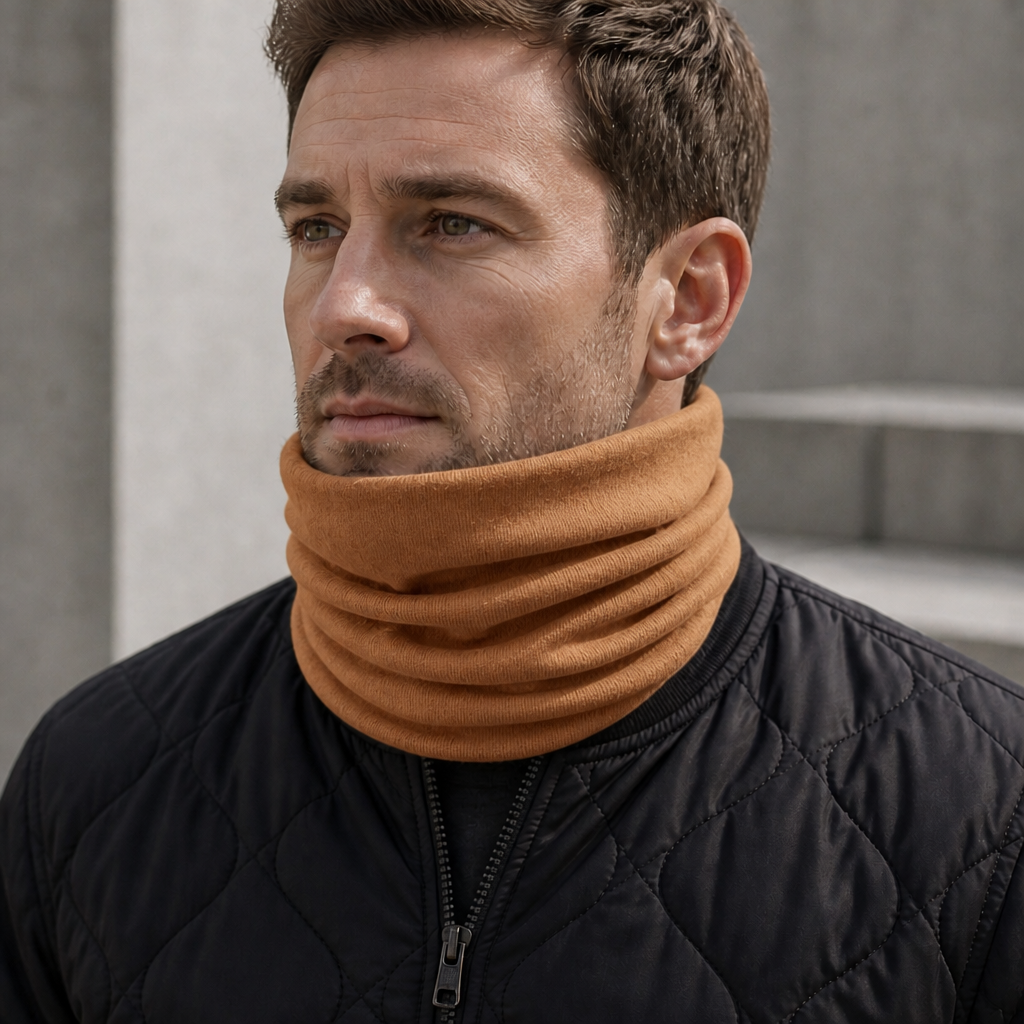 Écharpe Tube Homme en Coton coloris camel, portée par un homme
