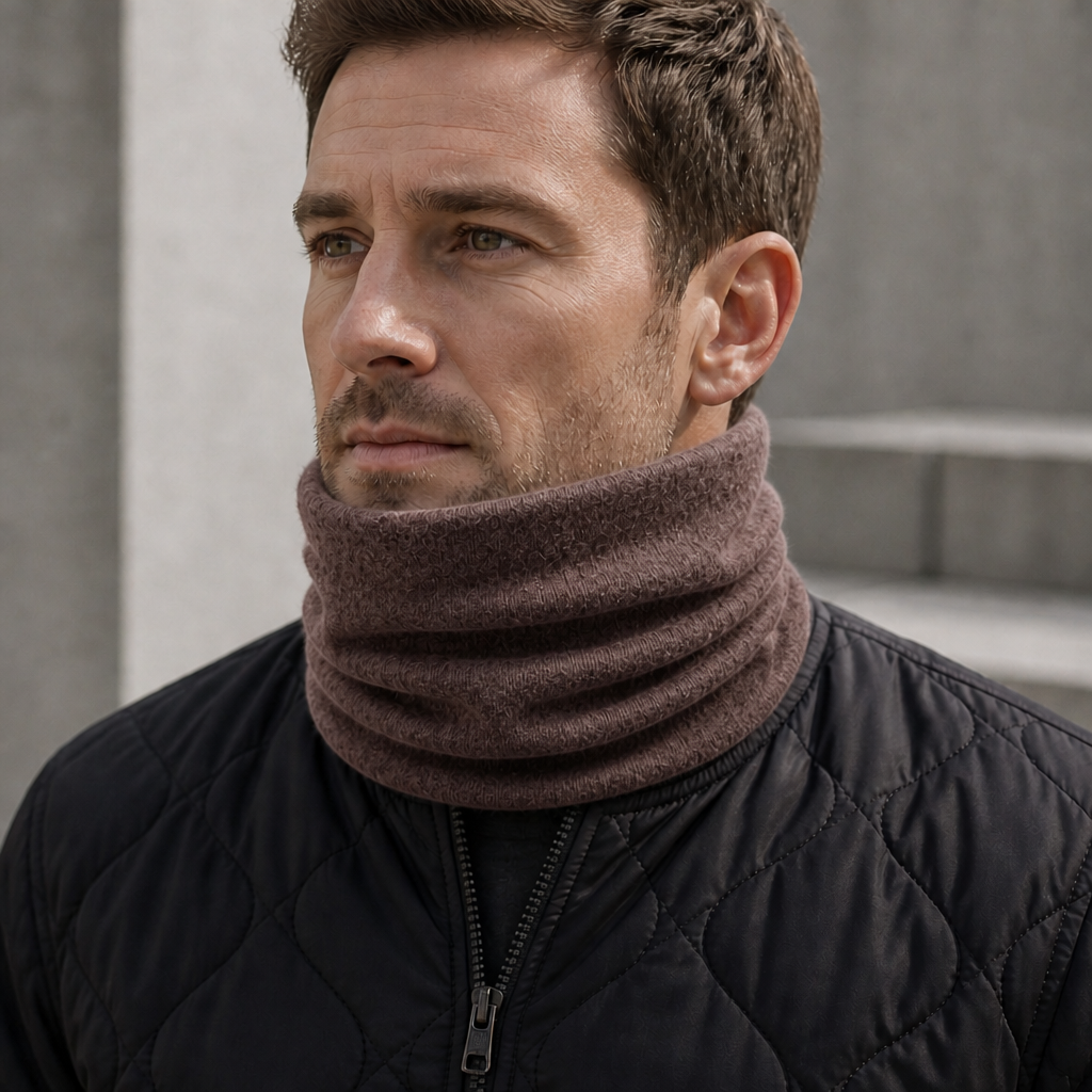 Écharpe Tube Homme en Coton coloris marron, portée par un homme