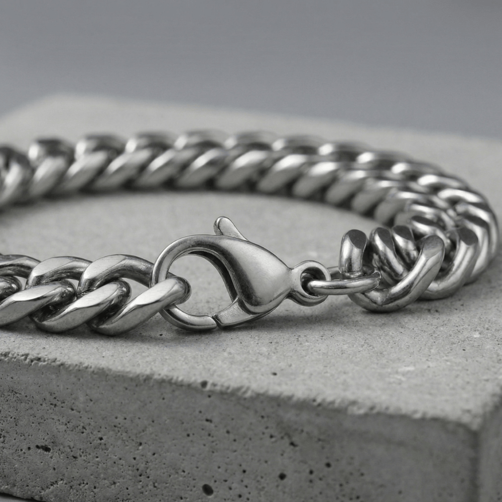 Gourmette en acier homme argent fermoir mousqueton