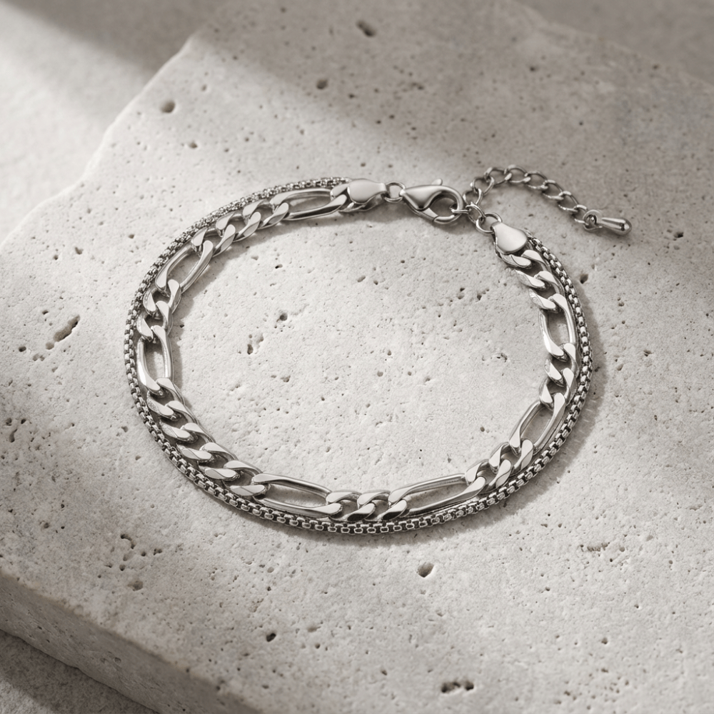 Gourmette fine homme argent double chaîne acier inoxydable