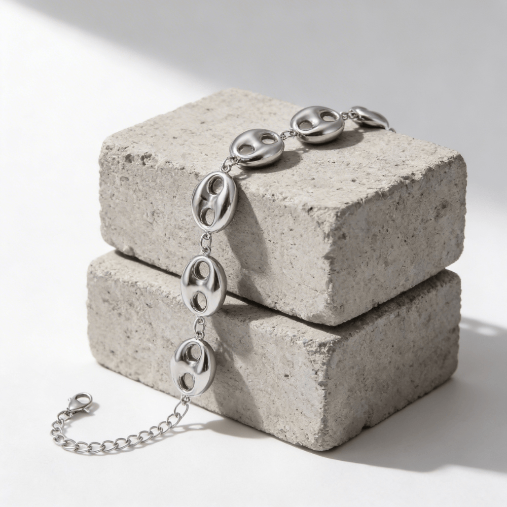 Bracelet gourmette homme argent graine de café fermoir mousqueton