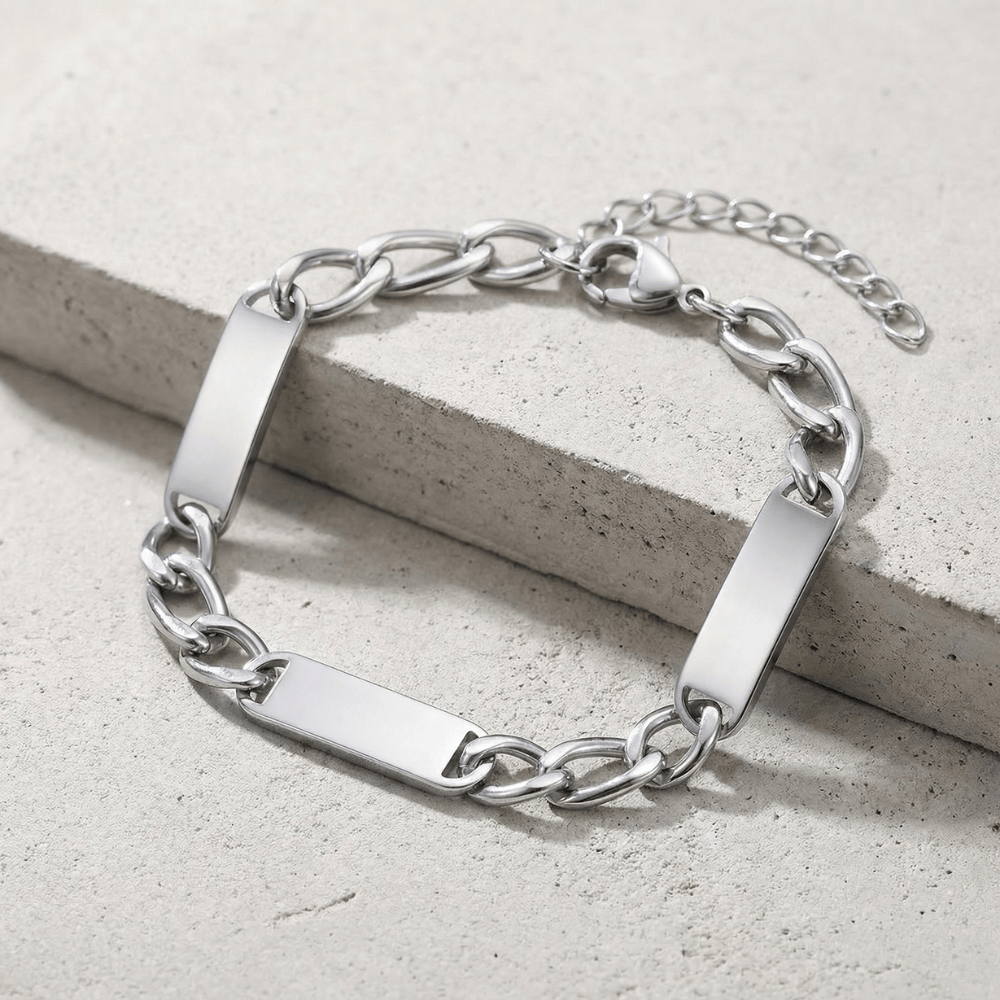 Gourmette homme argent maille Figaro 3 plaques gravables bracelet