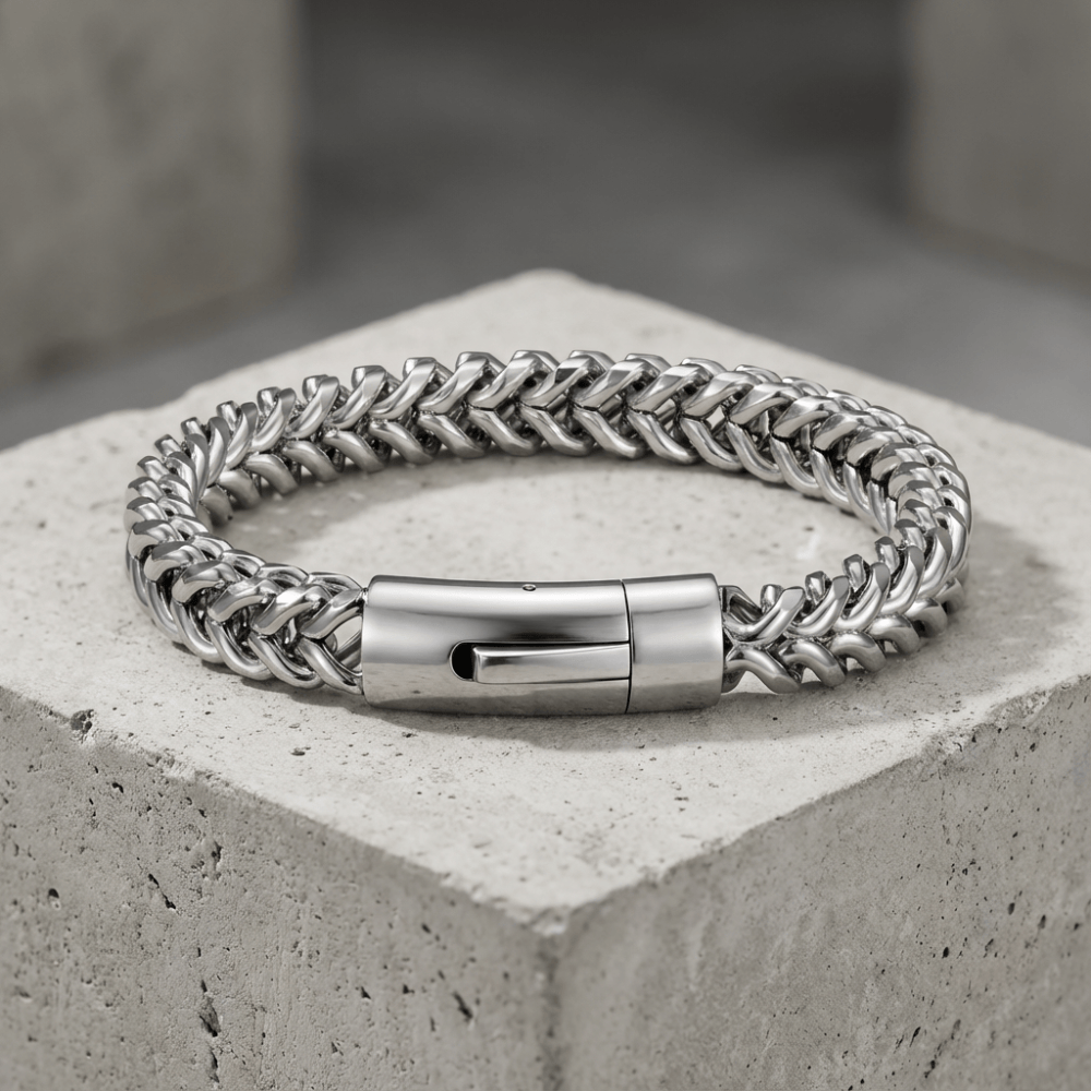 Gourmette homme luxe argent maille franco acier inoxydable