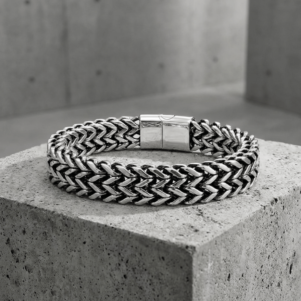 Grosse gourmette homme argent maille tressée acier inoxydable