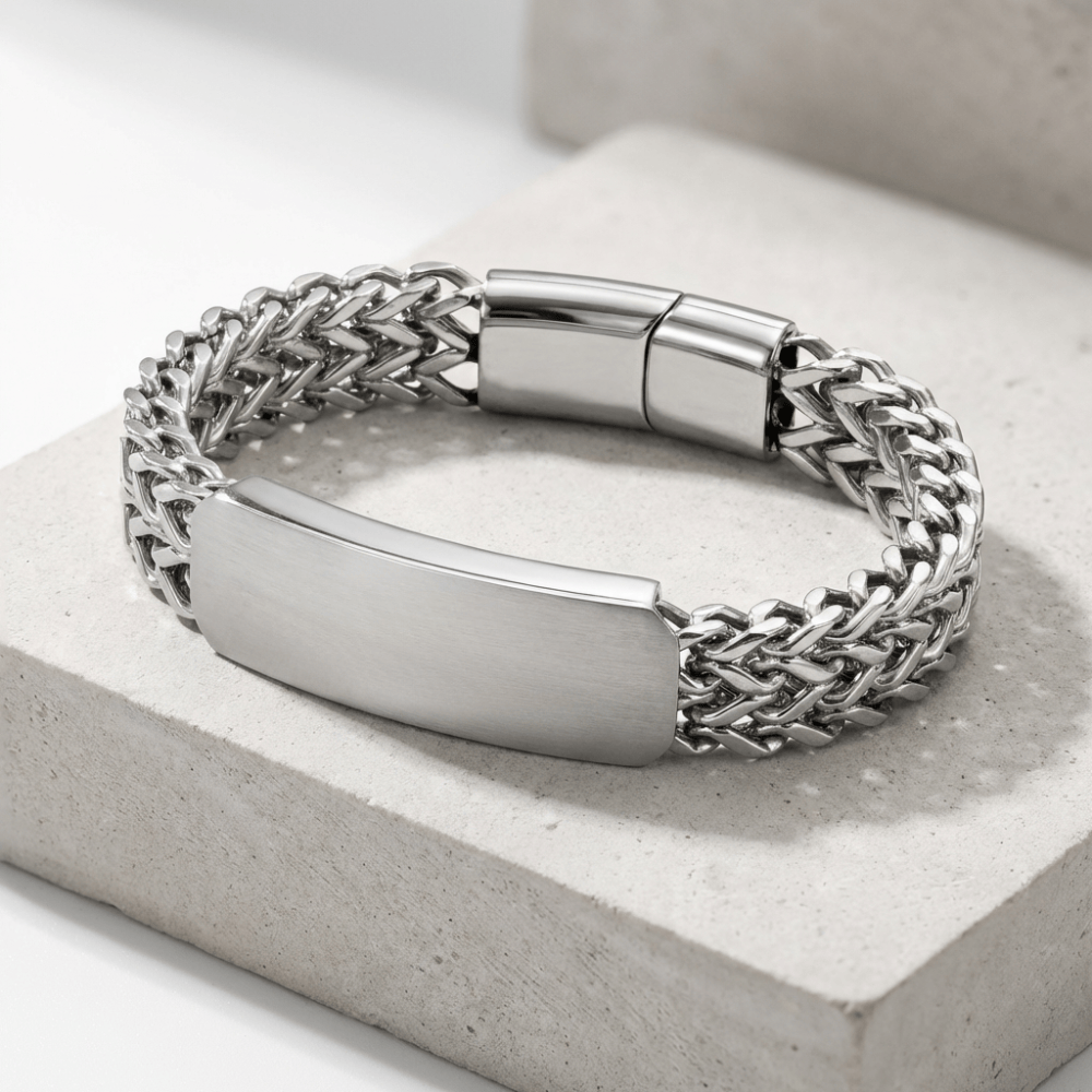Gourmette homme argent personnalisée maille tressée acier inoxydable