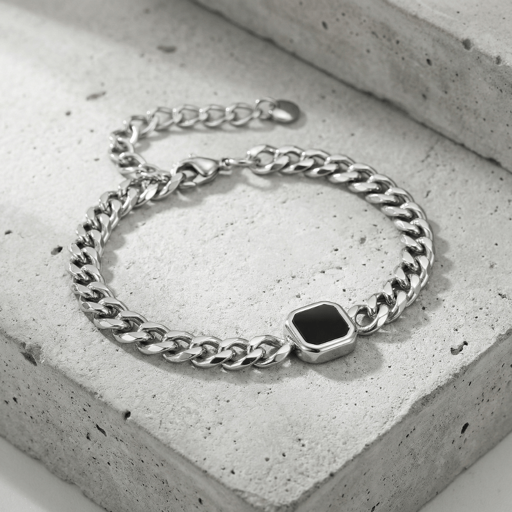 Gourmette noir homme argent maille cubaine acier inoxydable