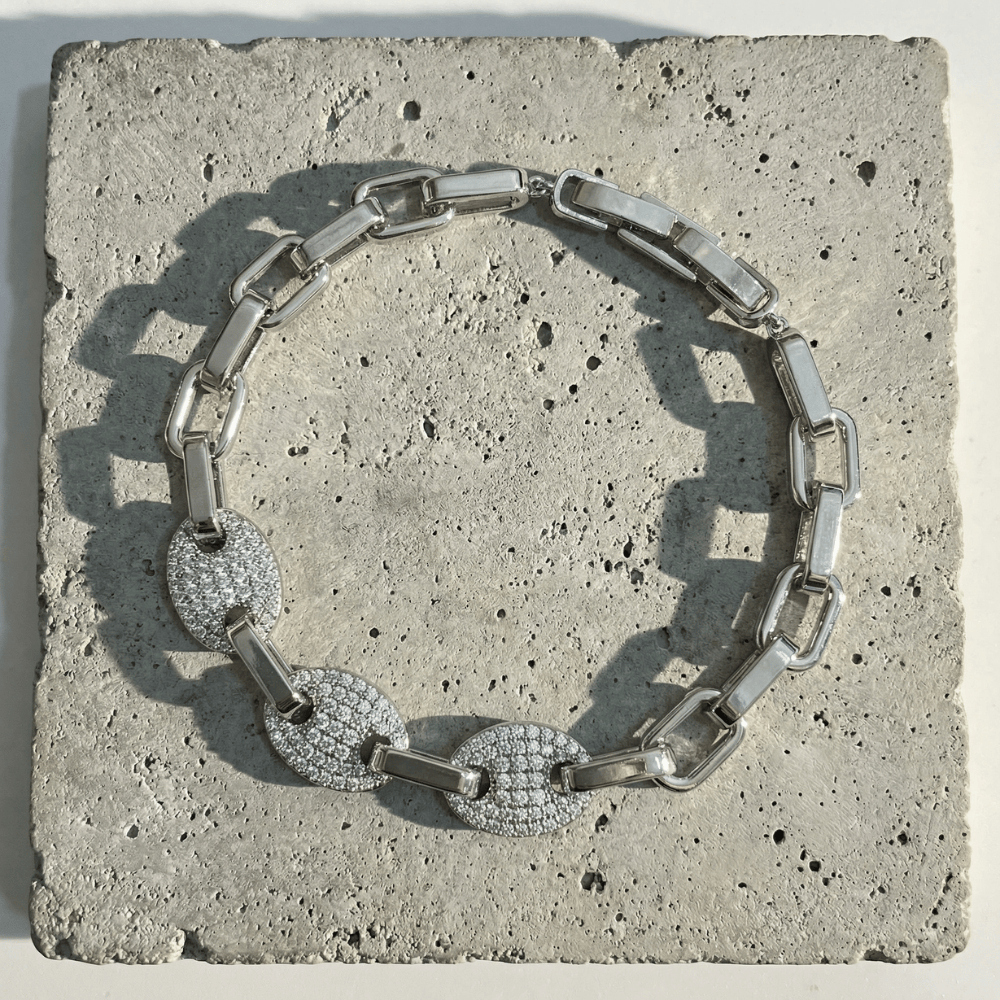 Gourmette grain de café homme argent pavé diamant bracelet