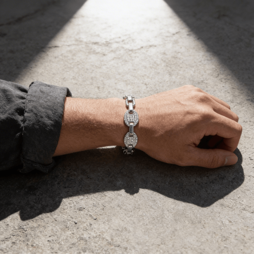 Bracelet gourmette argent homme grain de café effet diamant