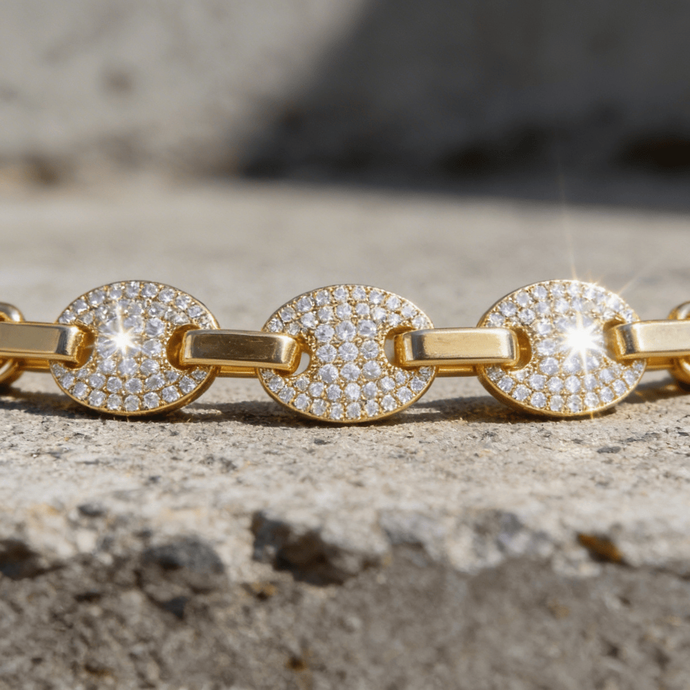 Gourmette or homme grain de café zircons pavé bracelet