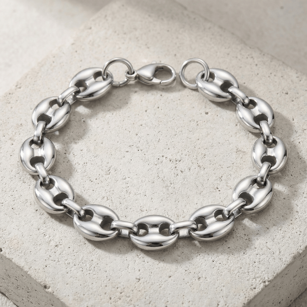 Bracelet homme gourmette graine de café argent acier