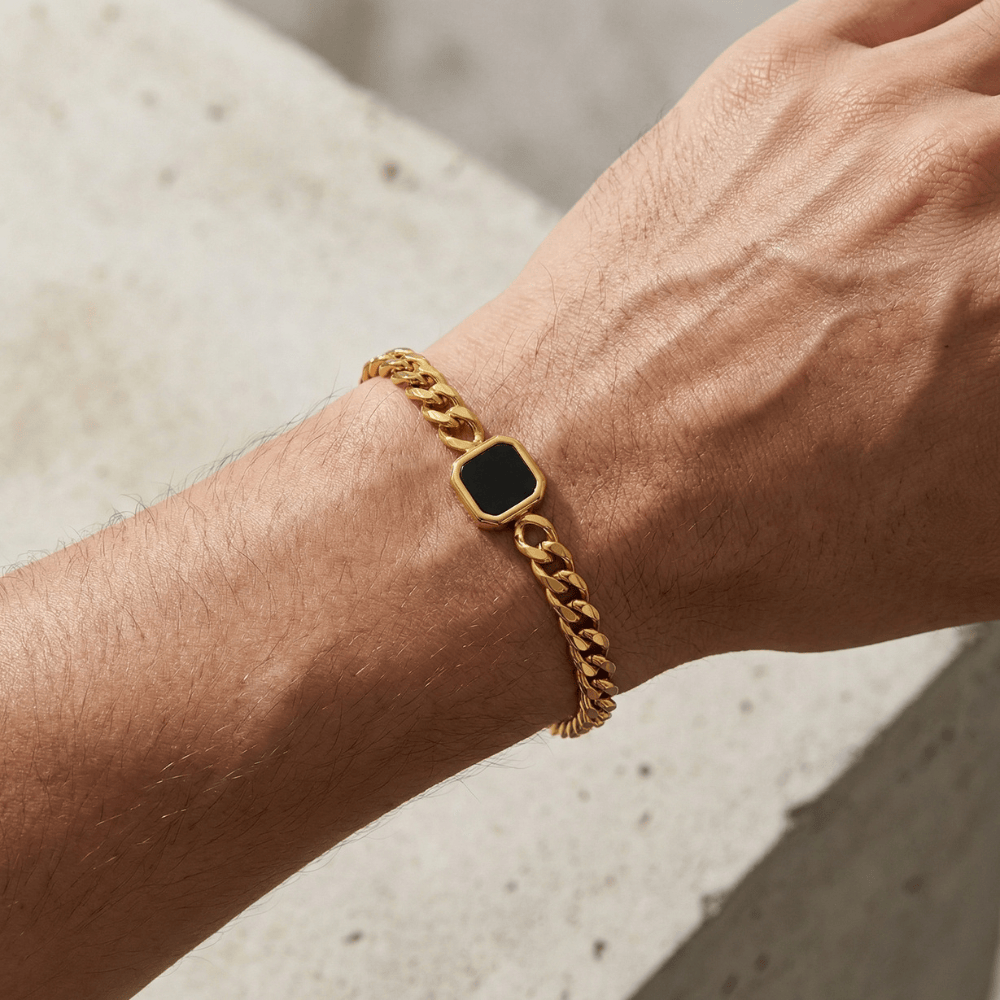 Gourmette homme noire or bracelet acier inoxydable