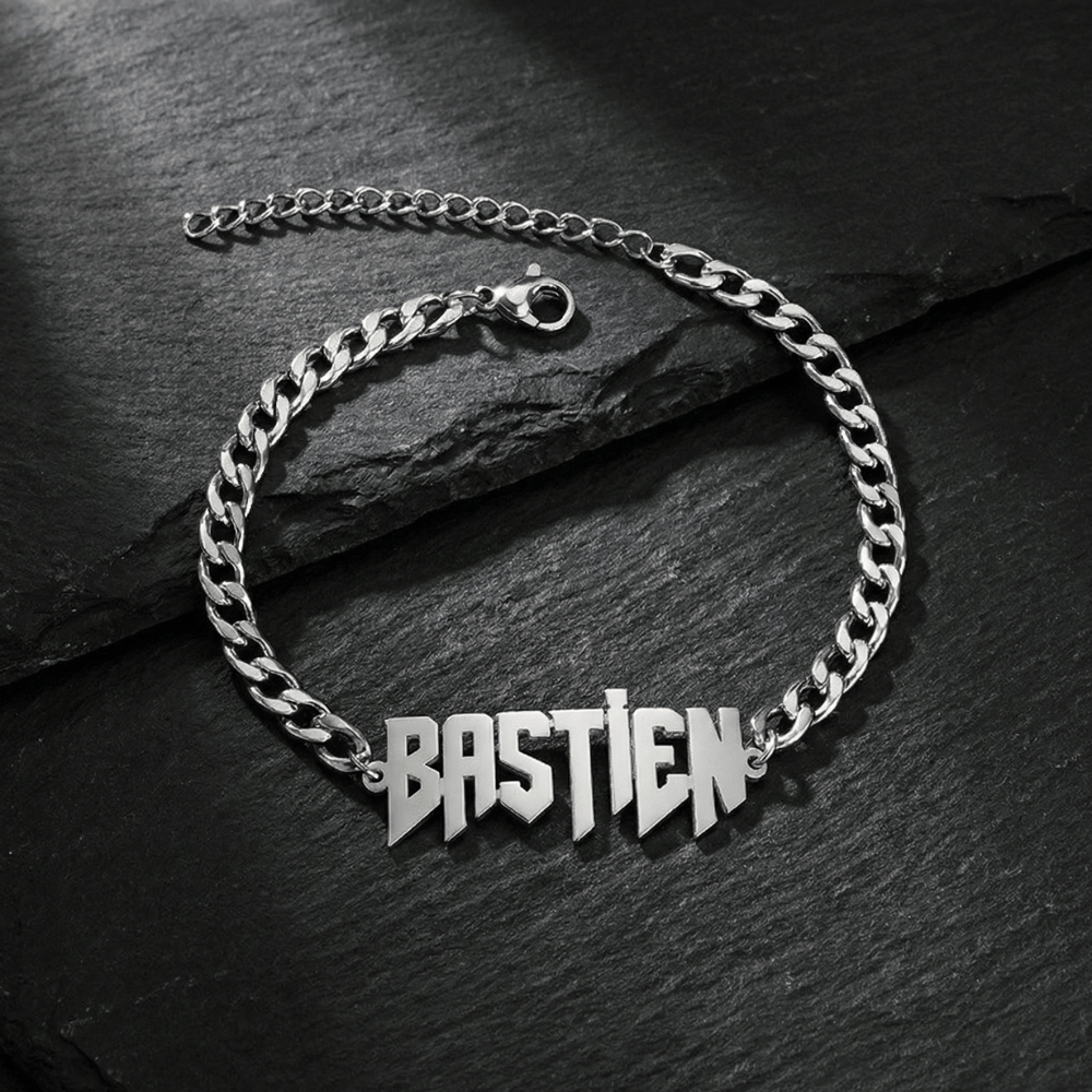 Gourmette homme personnalisable prénom découpé argent acier inoxydable