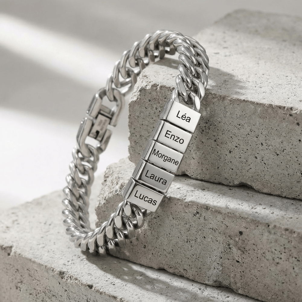 Bracelet gourmette homme personnalisable prénoms argent acier inoxydable