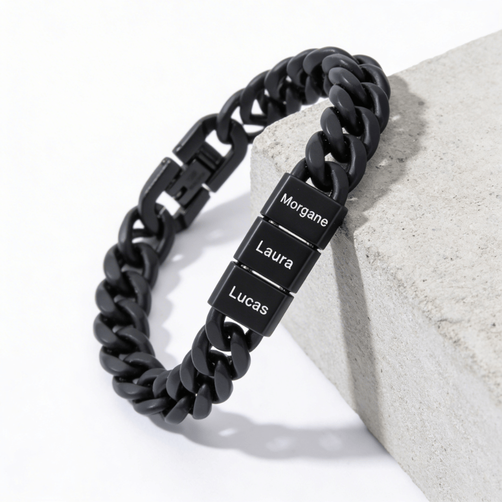 Chaîne gourmette homme personnalisable noir acier inoxydable bagues