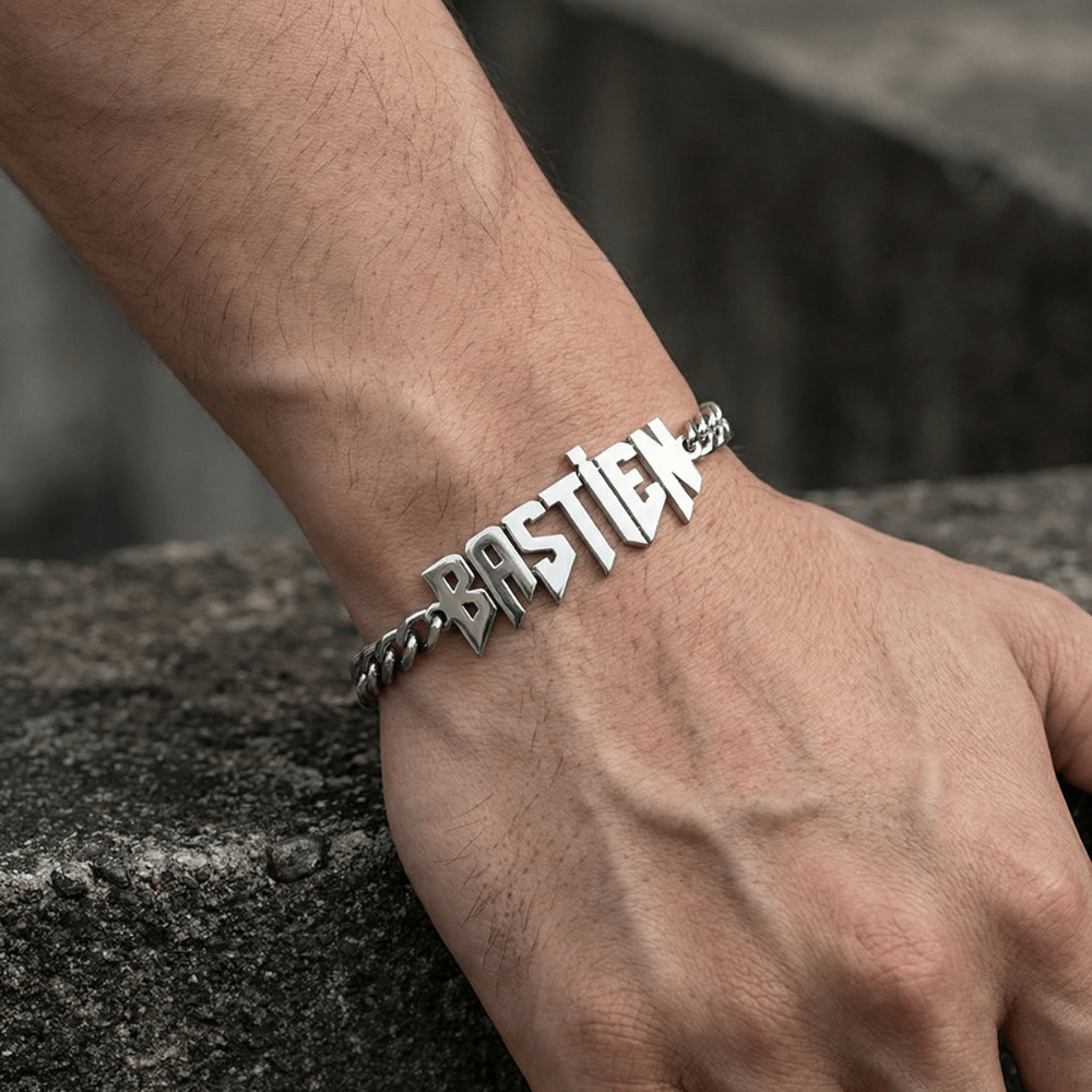 Bracelet gourmette homme argent prénom découpé acier