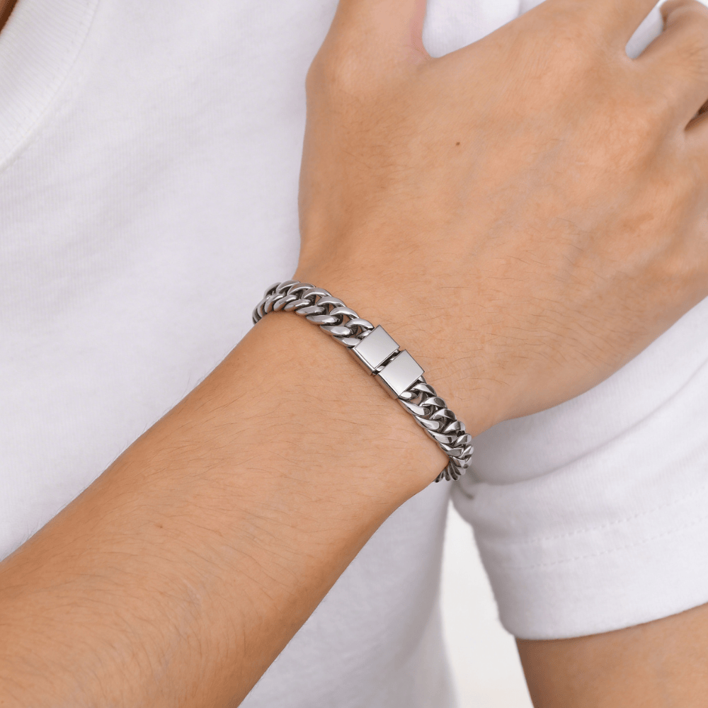Gourmette homme acier inoxydable argent fermoir déployant grosse maille