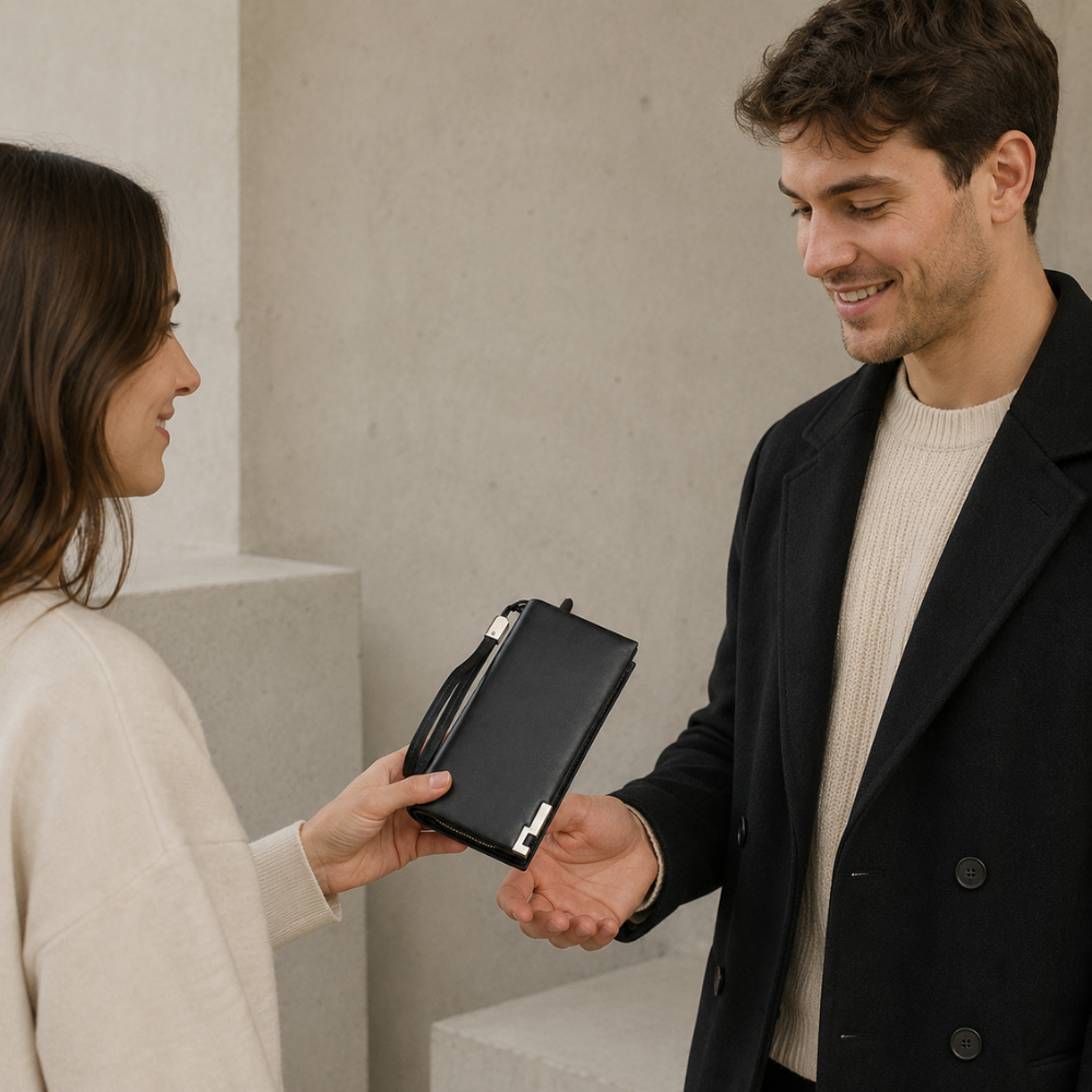 Grand portefeuille à dragonne pour homme noir, idée cadeau