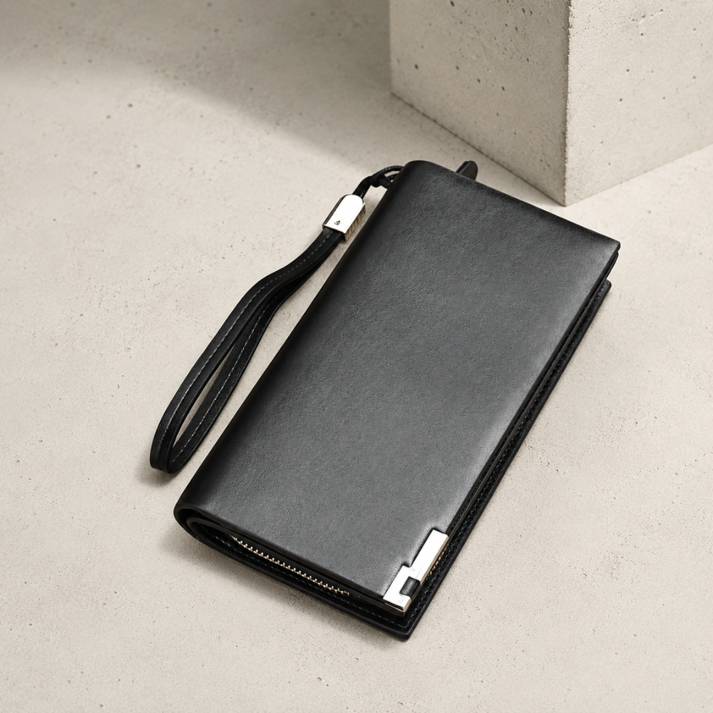 Grand portefeuille à dragonne pour homme noir, similicuir aspect cuir