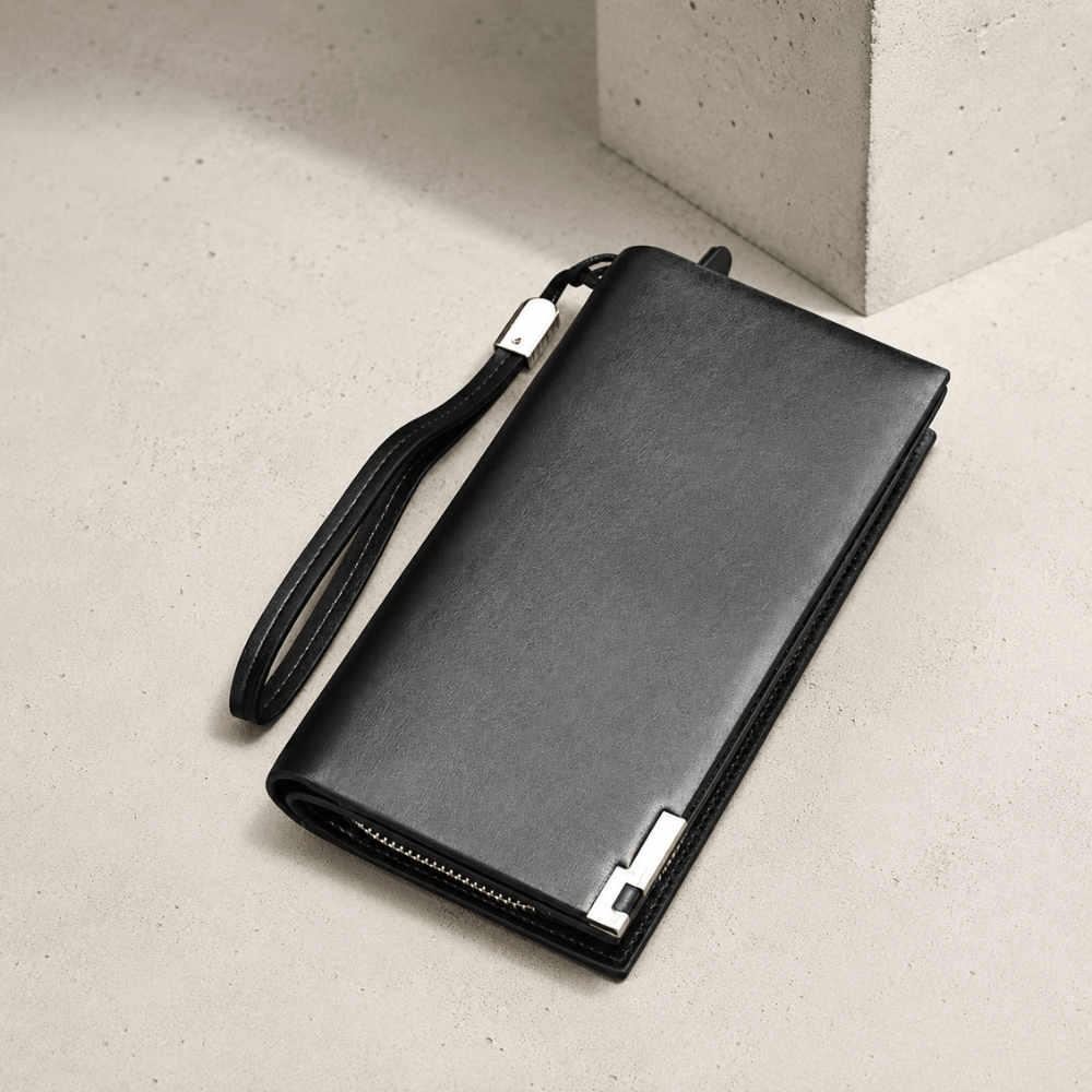 Grand portefeuille à dragonne pour homme noir, similicuir aspect cuir