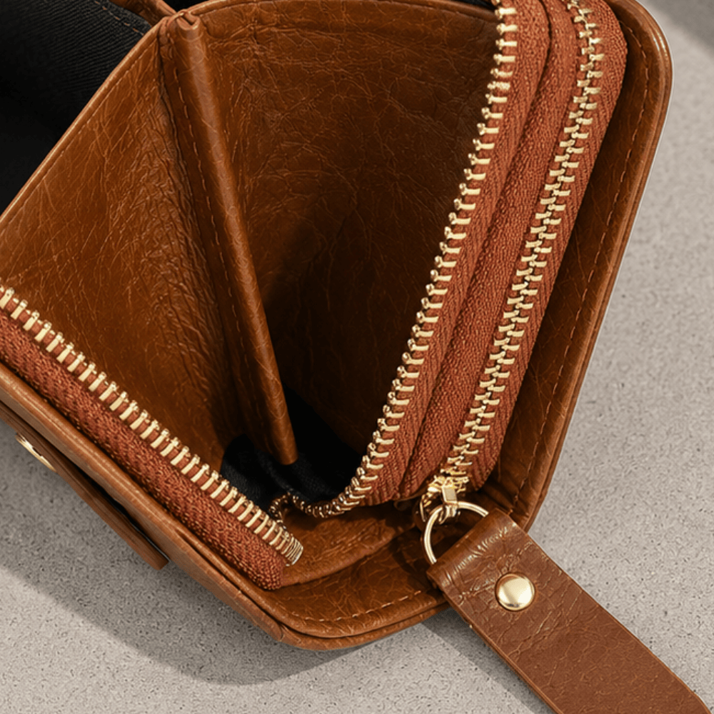 Grand portefeuille homme cuir camel interieur rangements zippe