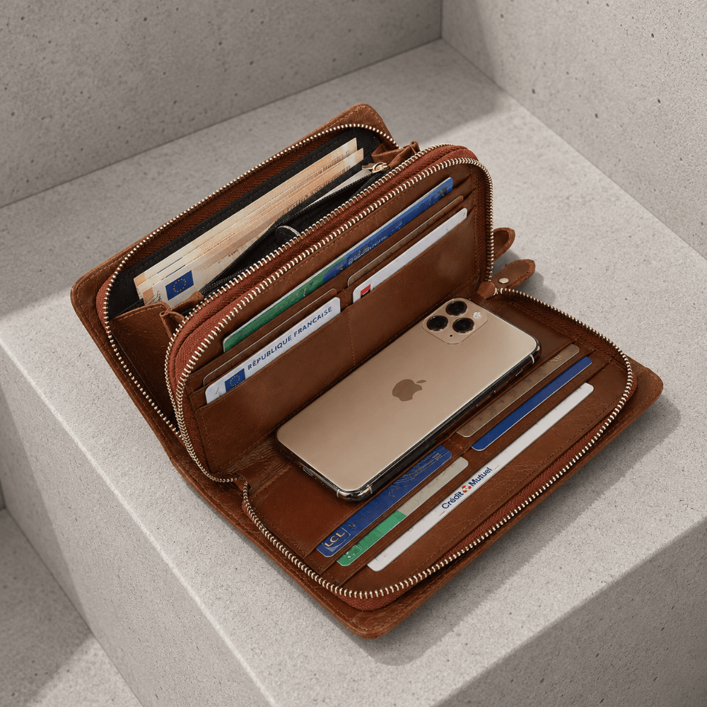 Grand portefeuille homme cuir range telephone cartes grande capacite