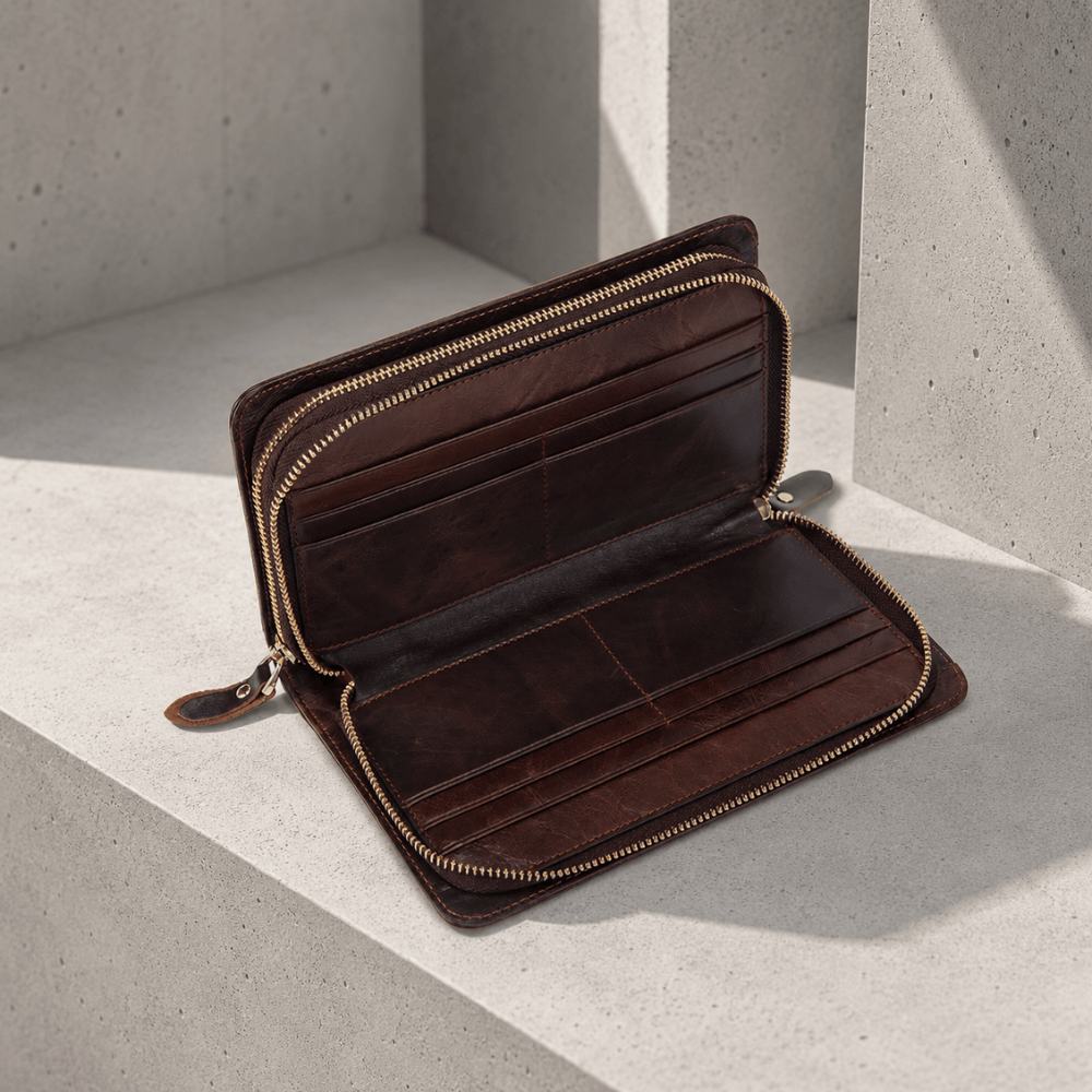Grand portefeuille cuir homme interieur logements cartes zippe