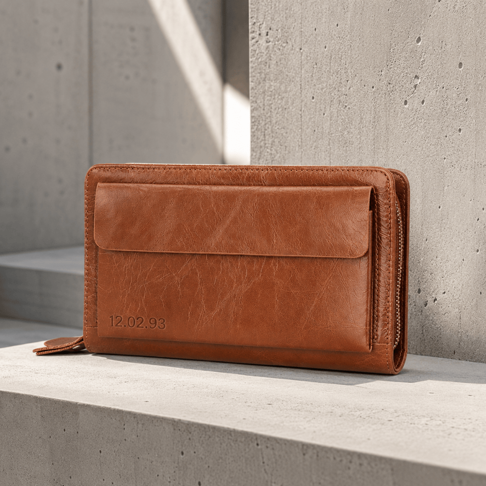 Grand portefeuille homme cuir camel a graver format zippe