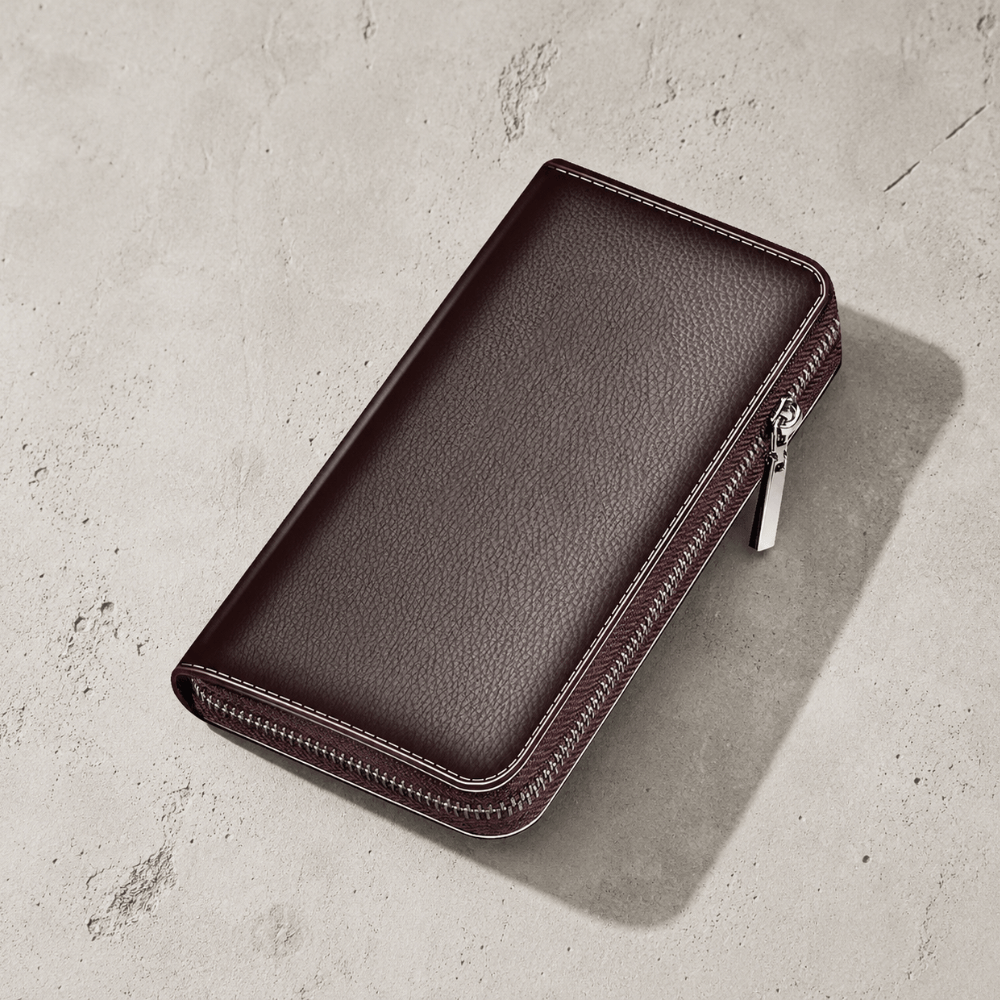 Grand portefeuille zippé homme marron foncé, similicuir grainé grande capacité
