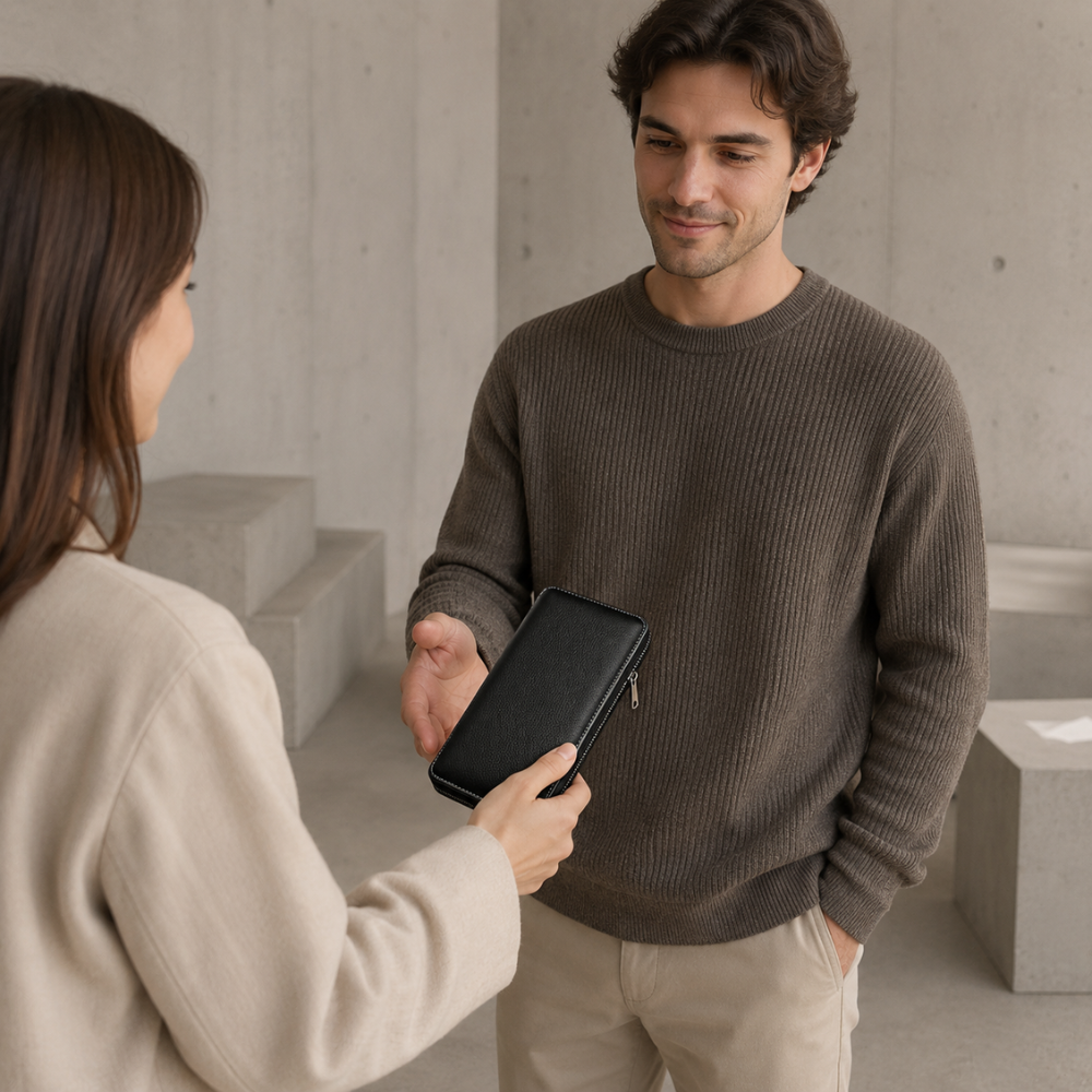Grand portefeuille zippé homme noir, idée cadeau