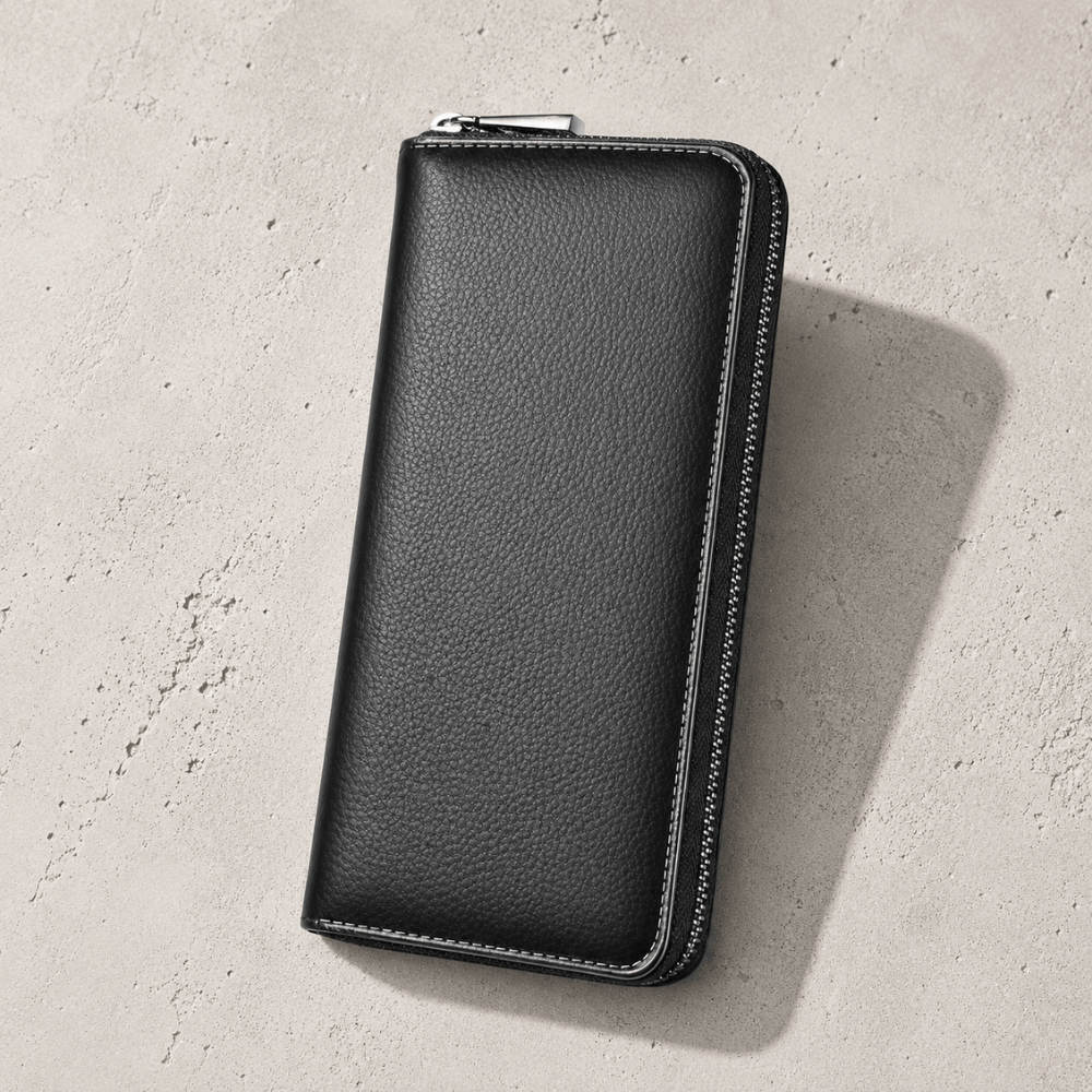 Grand portefeuille zippé homme noir, fermeture éclair intégrale