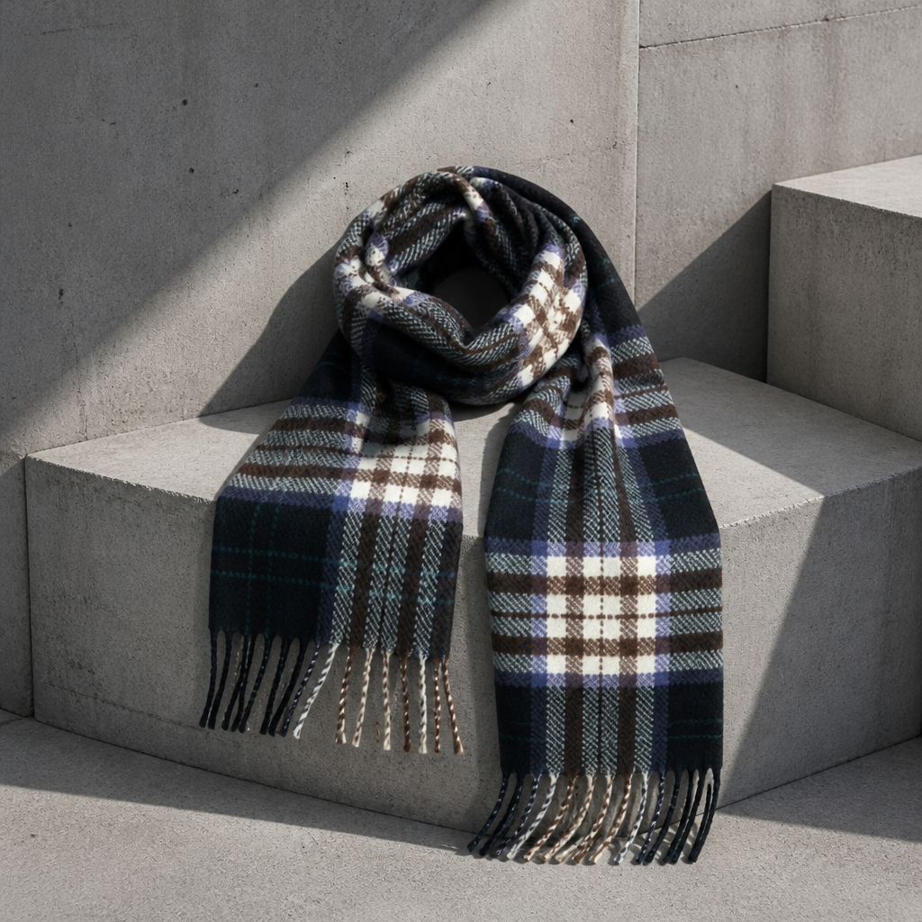 Grande Écharpe Homme à Carreaux Tartan et Franges, coloris bleu