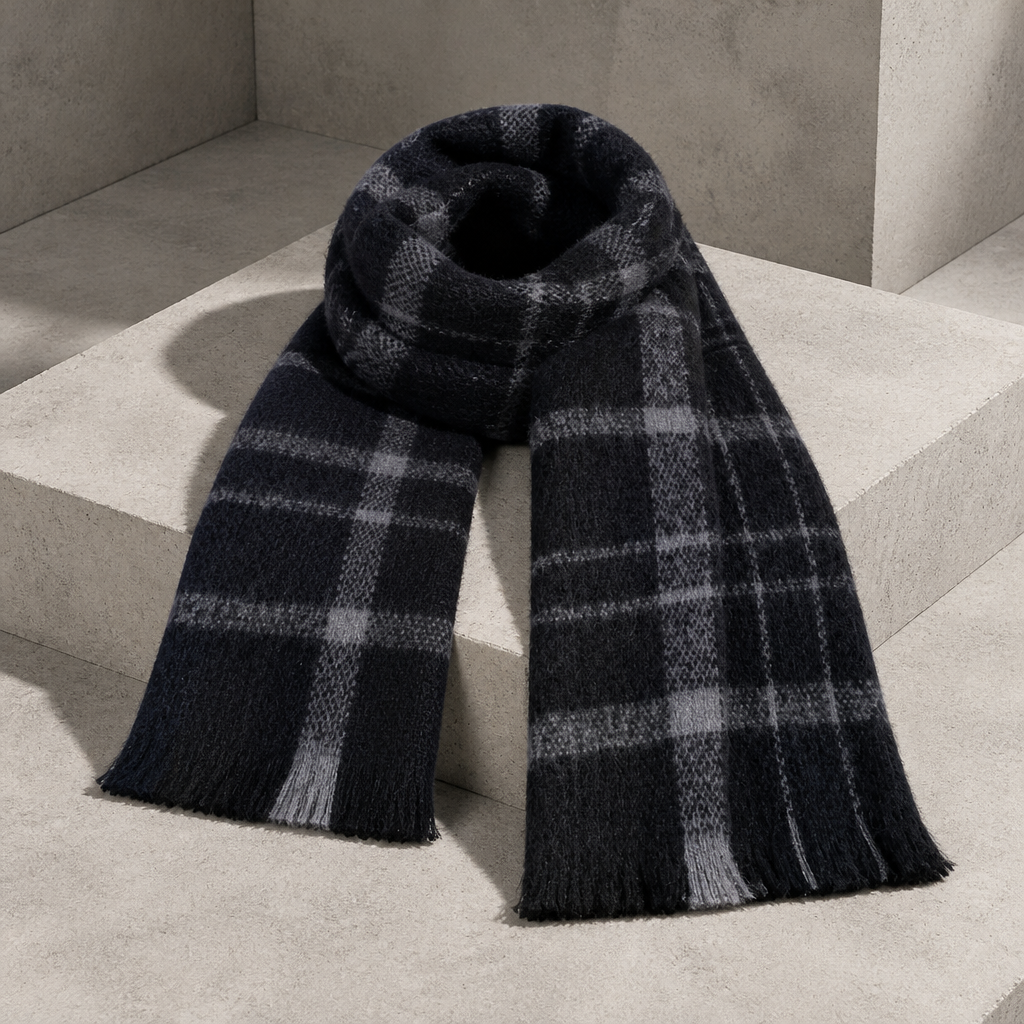 Grande Écharpe Homme à Carreaux Tartan et Franges, coloris gris foncé