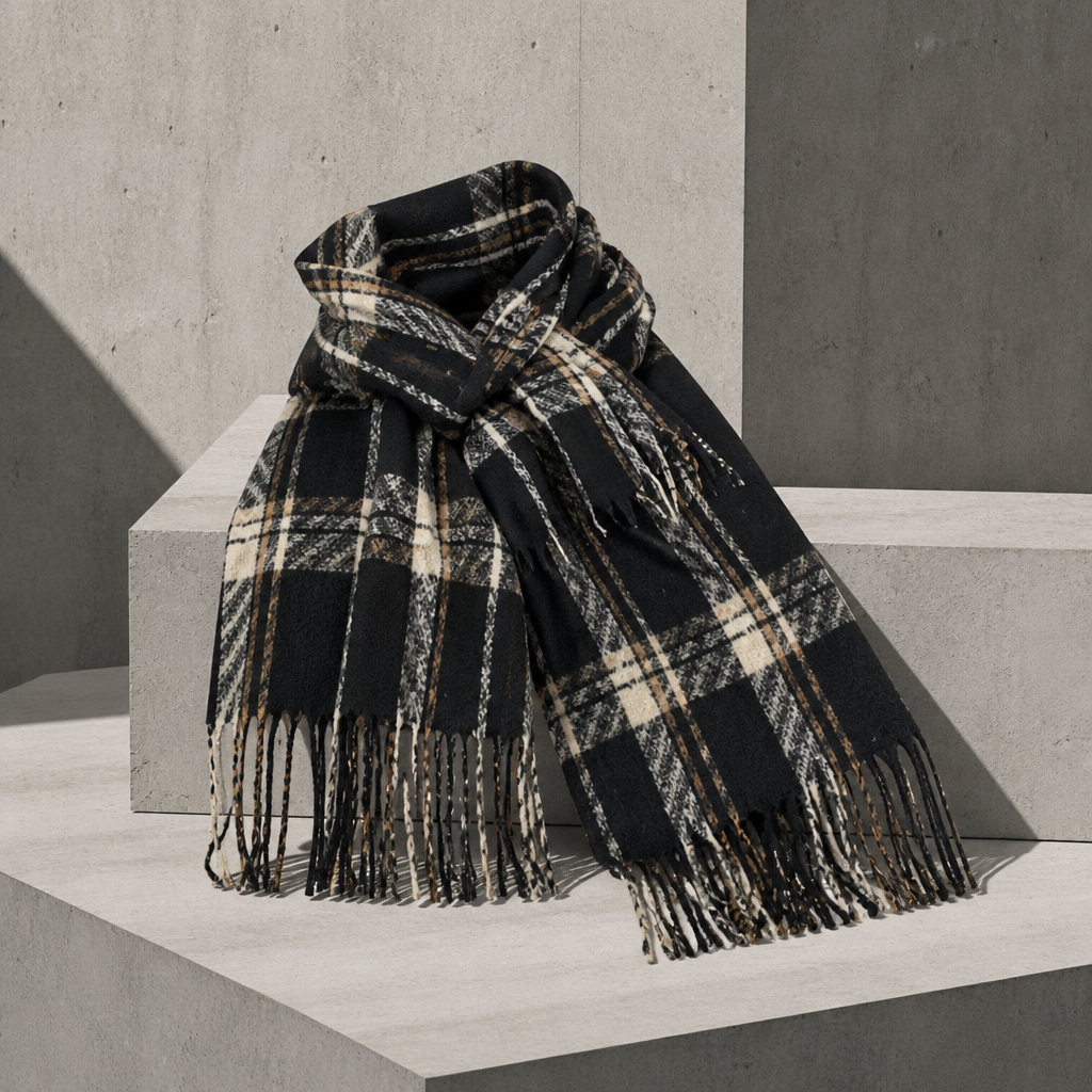 Grande Écharpe Homme à Carreaux Tartan et Franges, coloris noir
